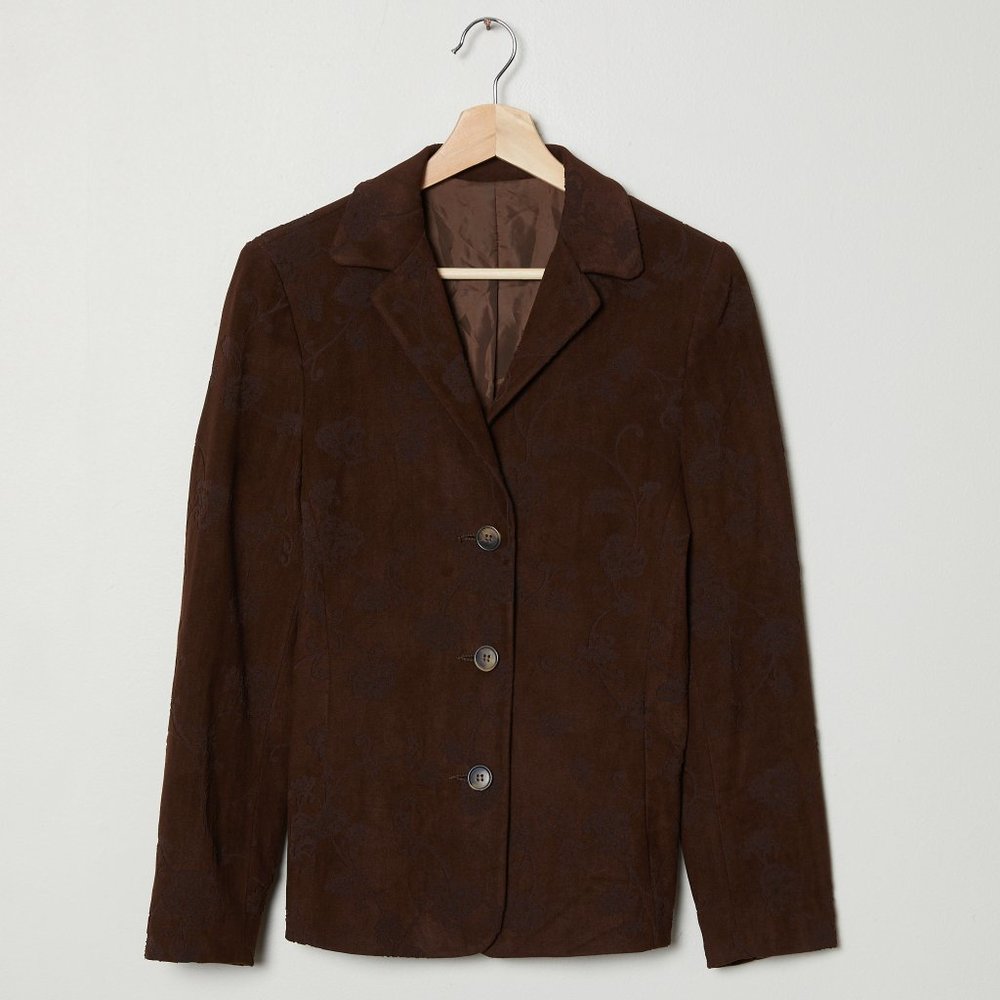 Vtg 90s Chocolate Floral Print Velvet Blazer S